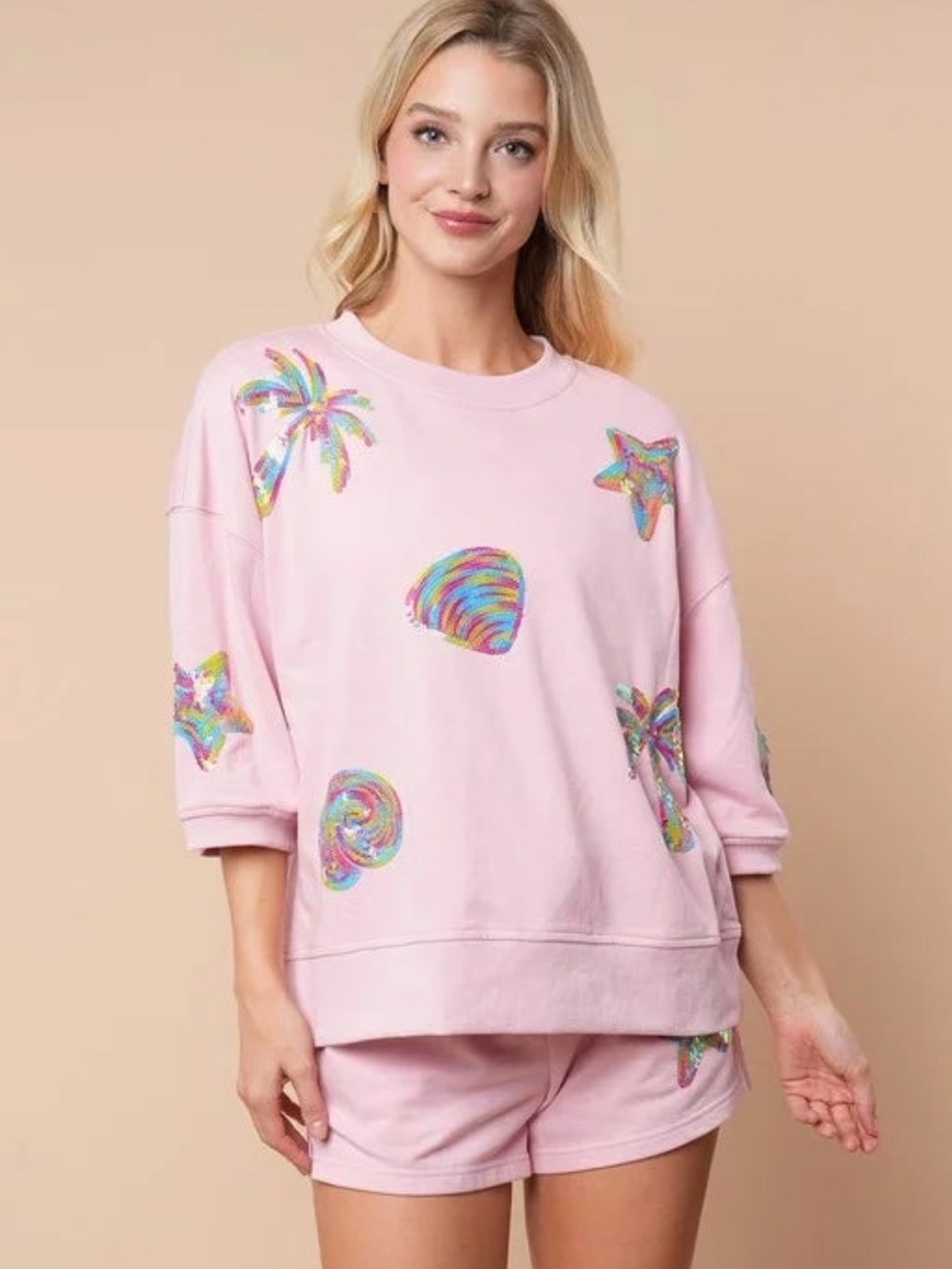 White Birch Pink Rainbow Sequin Tropical Sweatshirt Top Size Large